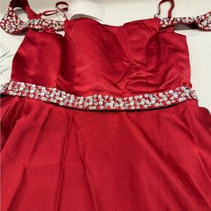 Red Embellished Off-Shoulder Kids Dress